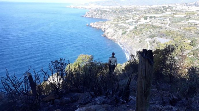 Un efectivo en las inmediaciones del incendio en el Paraje Torre de Maro de Nerja