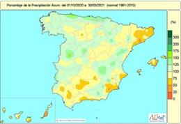 Las lluvias acumuladas en España en el primer semestre del año hidrológico están un 5% por debajo de su valor normal.