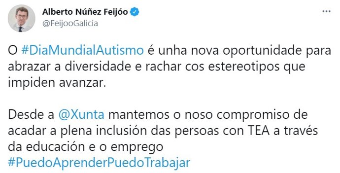Mensaje publicado por el presidente de la Xunta, Alberto Núñez Feijóo, en su perfil de la red social Twitter