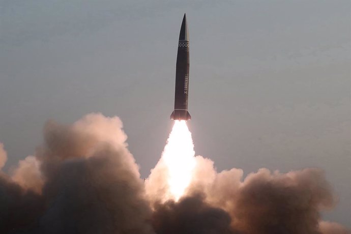 25 March 2021, North Korea, Hamju: A new type of a tactical guided missile is launched from the North Korean town of Hamju. South Korea's military said the previous day that the North fired what appeared to be two short-range ballistic missiles into the