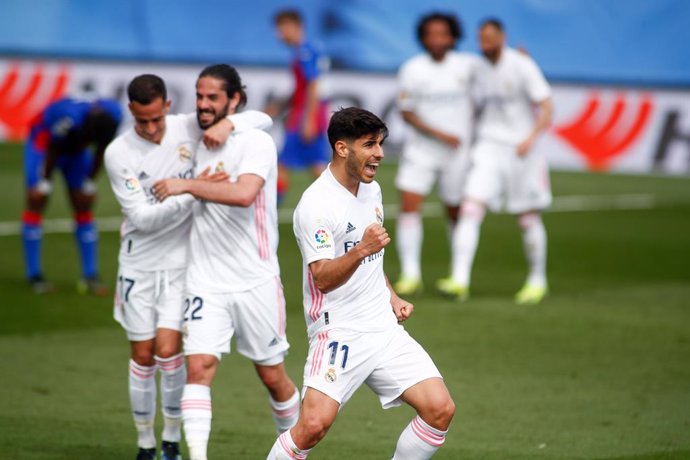 Marco Asensio of Real Madrid celebrates a disallowed goal during the spanish league, La Liga, football match played between Real Madrid and SD Eibar at Alfredo Di Stefano stadium on April 03, 2021 in Valdebebas, Madrid, Spain.