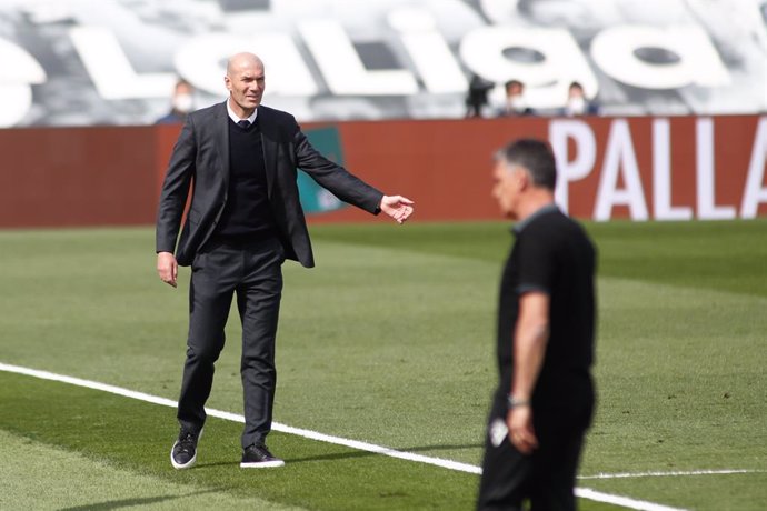 Zinedine Zidane, head coach of Real Madrid, gestures during the spanish league, La Liga, football match played between Real Madrid and SD Eibar at Alfredo Di Stefano stadium on April 03, 2021 in Valdebebas, Madrid, Spain.