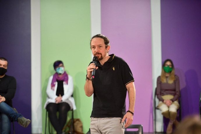 El candidat d'Unides Podem a les eleccions madrilenyes, Pablo Iglesias, intervé en un acte sobre polítiques d'habitatge.