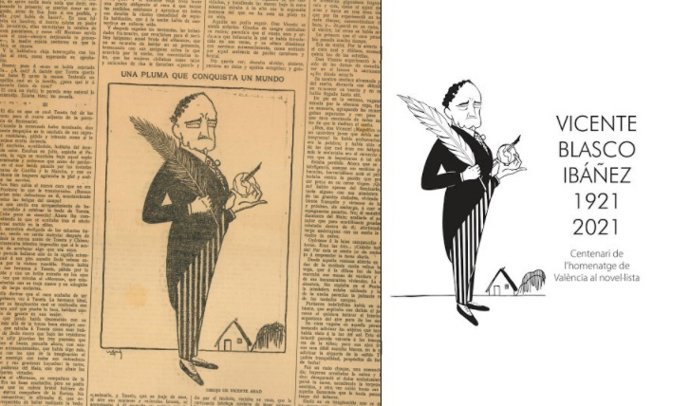 Caricatura original y adaptación actual para el logo del centenario de Valncia a Blasco Ibáñez