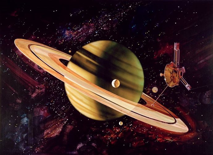 Ilustración artística de Pioneer 11 en aproximación a Saturno