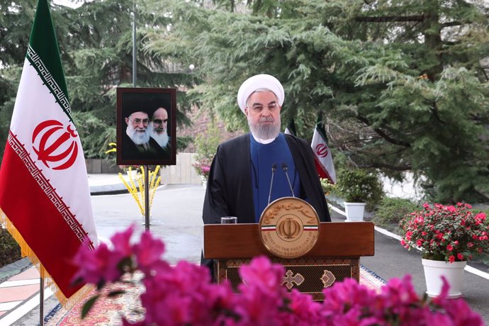 HANDOUT - 21 March 2021, Iran, Tehran: Iranian President Hassan Rouhani delivers an address to the nation on the occasion of the Nowruz, the Persian new year. The Persian New Year or the Kurdish New Year is an old Zoroastrian tradition celebrated by Ira