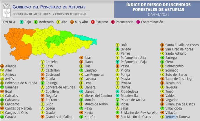 Índice De Riesgo De Incendio Forestal En Asturias Para Este Martes 6 De Abril De 2021.