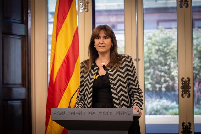 La presidenta del Parlament, Laura Borràs, ofereix una roda de premsa a la cambra. Catalunya (Espanya), 23 de març del 2021.