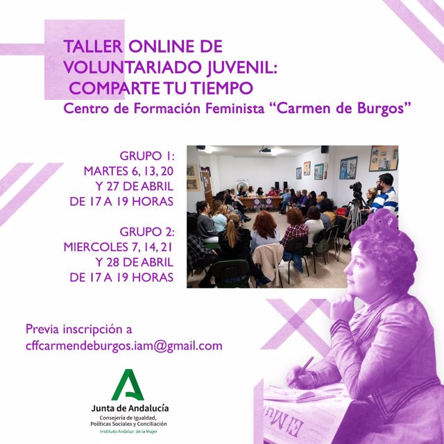 Cartel del taller sobre voluntariado del centro Carmen de Burgos.