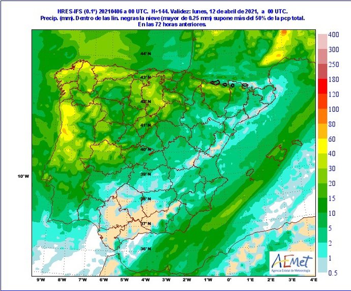 Mapa facilitado por la Aemet sobre la previsión de precipitaciones en CyL de jueves a domingo