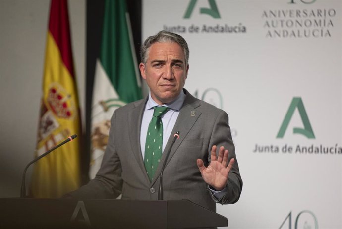 El consejero de la Presidencia, Elías Bendodo, durante la rueda de prensa posterior al Consejo de Gobierno de la Junta de Andalucía. En Sevilla (Andalucía, España), a 06 marzo de 2021.