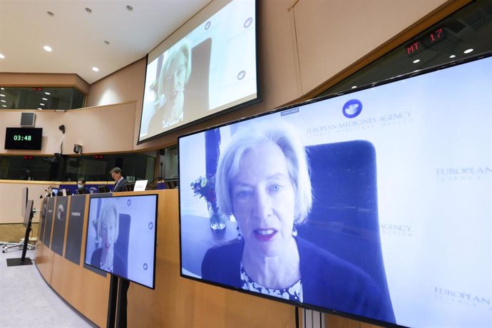 HANDOUT - 23 March 2021, Belgium, Brussels: Executive Director of the European Medicines Agency Emer Cooke (on screens) speaks during a video hearing by European Parliament Committee on the Environment, Public Health and Food Safety on the update of eva