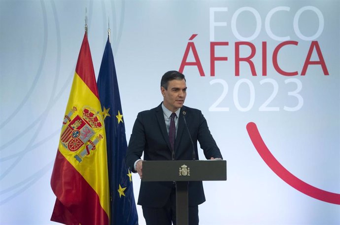 El presidente del Gobierno, Pedro Sánchez, interviene durante la presentación del plan estratégico Foco África 2023