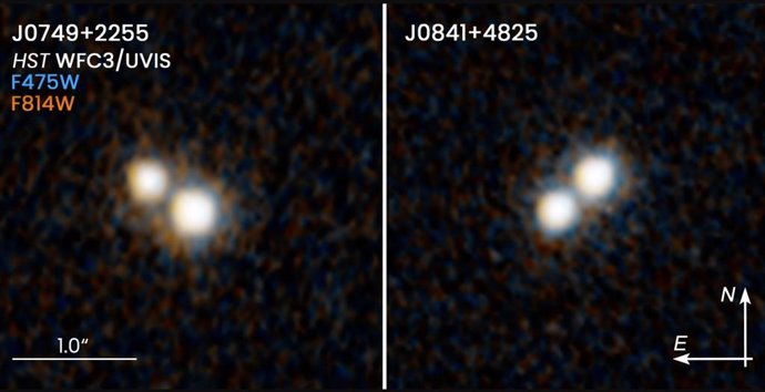 Estas dos imágenes del telescopio espacial Hubble revelan dos pares de cuásares que existieron hace 10 mil millones de años y residen en el corazón de las galaxias fusionadas.