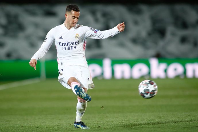 Lucas Vazquez of Real Madrid in action during the UEFA Champions League, Quarter finals round 1, football match played between Real Madrid and Liverpool FC at Alfredo Di Stefano stadium on April 06, 2021 in Valdebebas, Madrid, Spain.