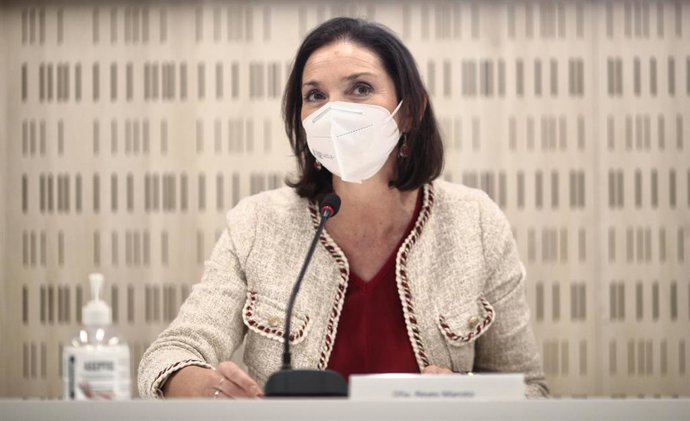 La ministra de Industria, Comercio y Turismo, Reyes Maroto, interviene durante el acto de firma de un convenio entre la Corporación Mondragon y Grupo Social ONCE, en Madrid (España), a 30 de marzo de 2021. 