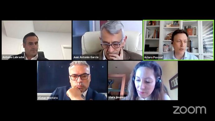 El delegado de Programas Europeos de la Diputación de Córdoba, Víctor Montoro (abajo a la izda.), en la presentación virtual.