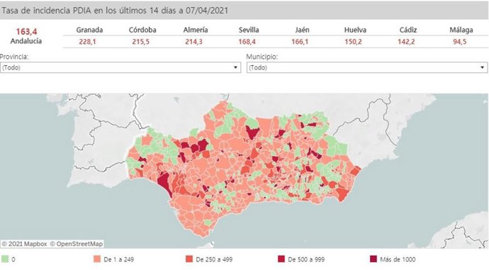 Mapa de Andalucía con nivel de incidencia de Covid-19 por municipios a 7 de abril de 2021
