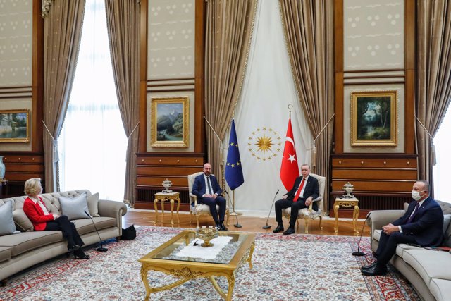 Turkish President Recep Tayyip Erdogan (2nd R) and Turkish Minister of Foreign Affairs Mevlut Cavusoglu (R) meet with European Council President Charles Michel (L) and European Commission President Ursula Von der Leyen.