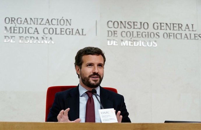 El líder del PP. Pablo Casado, participa  en la jornada "Reformas en políticas y gestión sanitarias" que ha organizado la Fundación Concordia y Libertad. En Madrid, a 8 de abril de 2021.