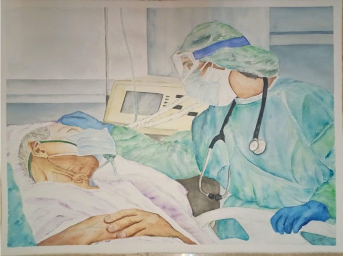 Una de las acuarelas expuestas en el Hospital Valle de Los Pedroches de Pozoblanco.