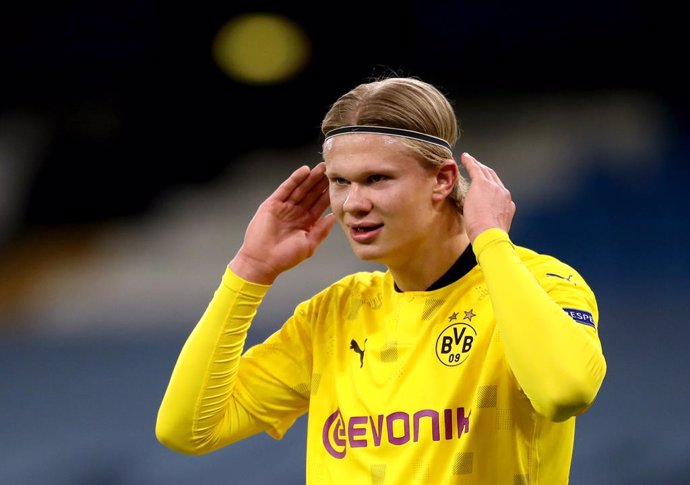 06 April 2021, United Kingdom, Manchester: Borussia Dortmund's Erling Haaland is pictured during the UEFA Champions League quarter-final first leg soccer match between Manchester City and Borussia Dortmund at the Etihad Stadium. Photo: Nick Potts/PA Wir
