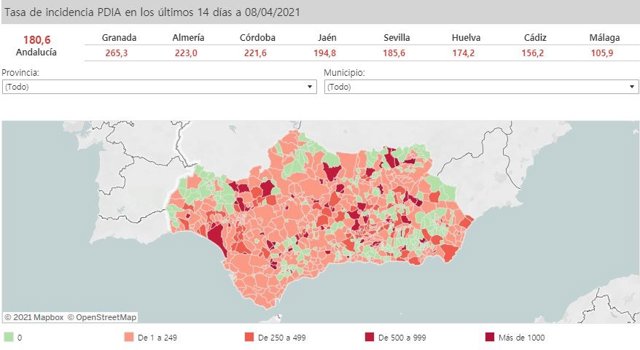 Mapa de Andalucía con nivel de incidencia de Covid-19 por municipios a 8 de abril de 2021
