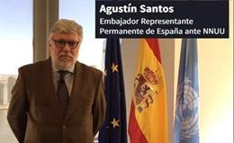 Imagen de Agustín Santos, Embajador Representante Permanente de España ante Naciones Unidas, durante un vídeo de mensaje de apoyo
