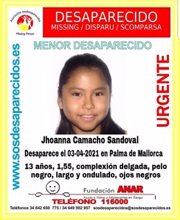 Cartel alertando de la desaparición de una menor en Palma.