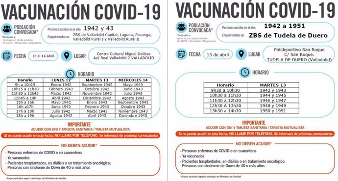 Carteles con información sobre los turnos de vacunación para las personas menores de 80 años que están convocadas a vacunarse a partir de este lunes en Valladolid y Tudela de Duero.