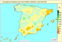 Las lluvias acumuladas en España desde el 1 de octubre de 2020 al 6 de abril de 2021 en el conjunto de España están un 8 por ciento por debajo del valor normal.