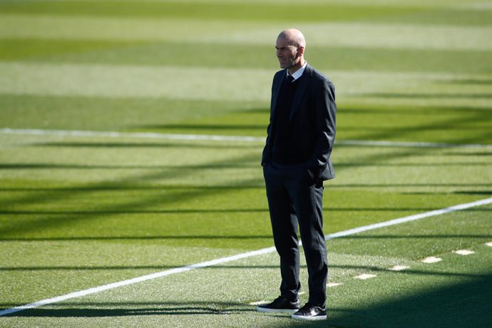 Zinedine Zidane, head coach of Real Madrid, looks on during the spanish league, La Liga Santander, football match played between Real Madrid and Elche at Alfredo di Stefano stadium on March 13, 2021, in Valdebebas, Madrid, Spain.