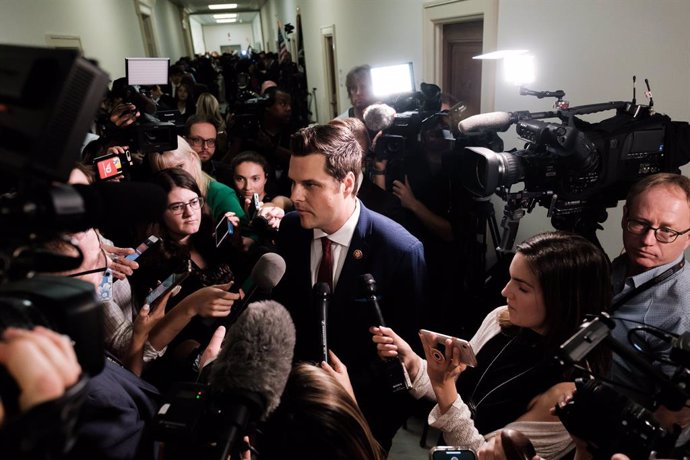 Archivo - 24 July 2019, US, Washington: Member of the U.S. House of Representatives from Florida's 1st district Matt Gaetz speaks with the media during a recess at the Robert Mueller hearing on Capitol Hill. Photo: Michael A. Mccoy/ZUMA Wire/dpa