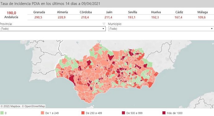 Mapa de Andalucía con nivel de incidencia de Covid-19 por municipios a 9 de abril de 2021