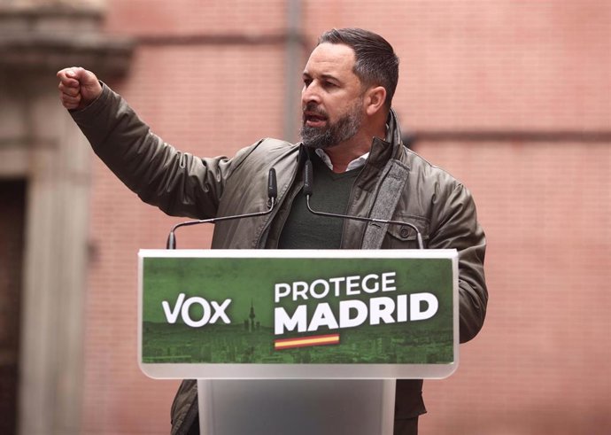 El presidente de Vox, Santiago Abascal, durante un mitin en Madrid