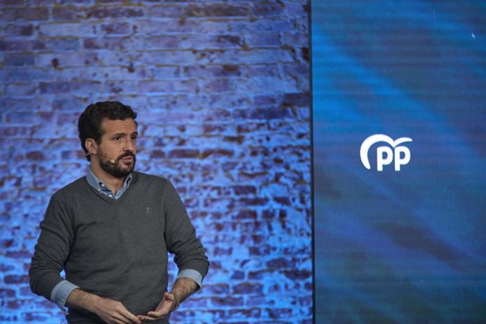 El presidente del Partido Popular, Pablo Casado participa en el XV Congreso Nacional de Nuevas Generaciones del PP en Espacio Jorge, a 10 de abril de 2021, en Madrid (España).