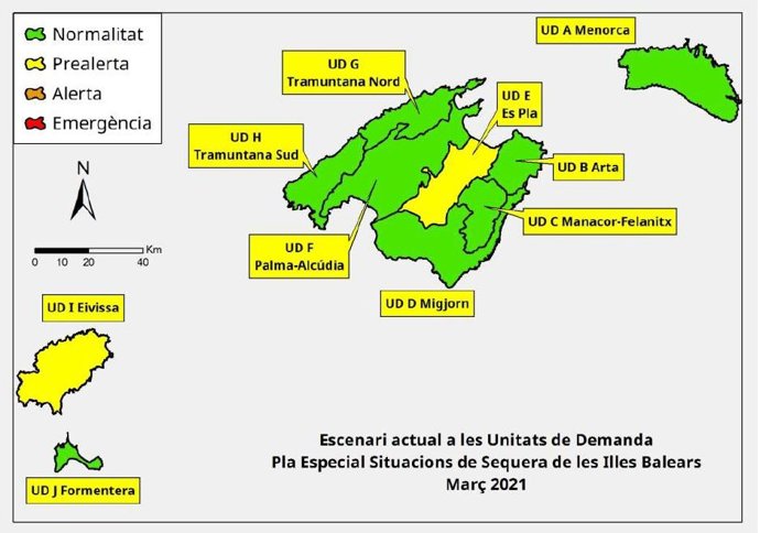 Escenario de marzo de las Unidades de Demanda (UD) del Plan Especial de Situaciones de Sequía en Baleares.
