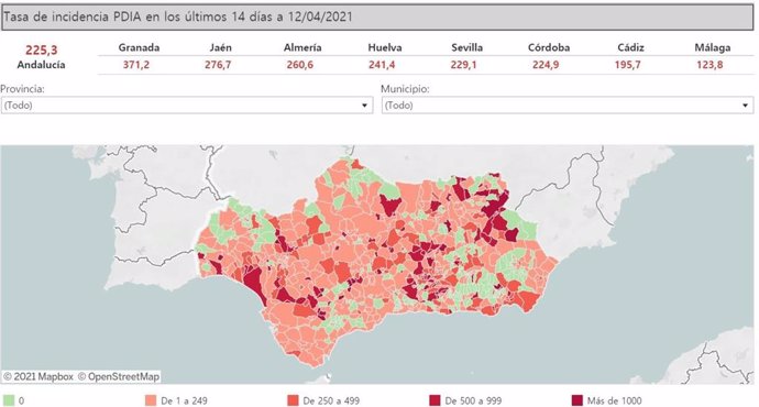 Mapa de Andalucía con nivel de incidencia de Covid-19 por municipios a 12 de abril de 2021