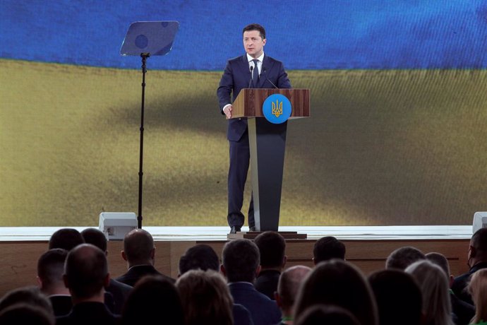 13 March 2021, Ukraine, Kiev: ukrainian President Volodymyr Zelensky speaks during the convention of the Servant of the People party at the Parkovy Kiev International Convention Center. Photo: -/Ukrinform/dpa