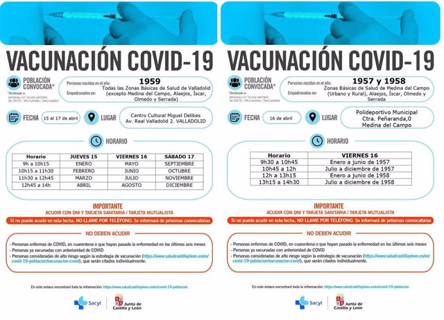 Carteles con las convocatorias a vacunación en Valladolid y Medina del Campo.