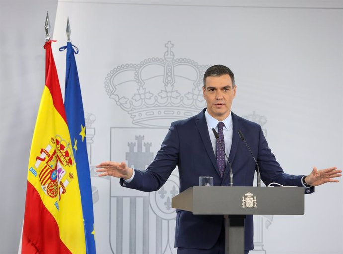 El president del Govern espanyol, Pedro Sánchez, en una roda de premsa després del Consell de Ministres a La Moncloa. Madrid (Espanya) 13 d'abril del 2021.