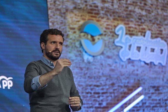 El presidente del Partido Popular, Pablo Casado participa en el XV Congreso Nacional de Nuevas Generaciones del PP en Espacio Jorge, a 10 de abril de 2021, en Madrid (España).