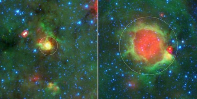 Un ejemplo de una bola amarilla (a la izquierda, en un círculo) y una burbuja (a la derecha, en un círculo) como se ve en las imágenes infrarrojas del Telescopio Espacial Spitzer de la NASA.