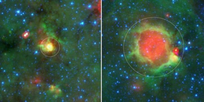 Un ejemplo de una bola amarilla (a la izquierda, en un círculo) y una burbuja (a la derecha, en un círculo) como se ve en las imágenes infrarrojas del Telescopio Espacial Spitzer de la NASA.