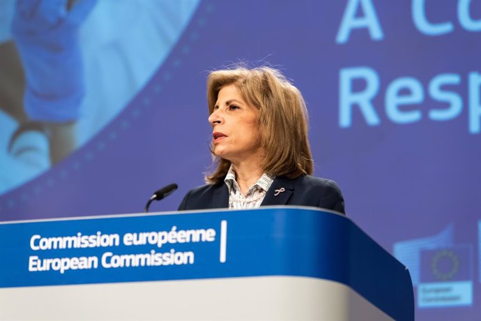 HANDOUT - 24 March 2021, Belgium, Brussels: European Commissioner for Health and Food Safety Stella Kyriakides speaks during a press conference on the Export transparency and authorisation mechanism at the European Commission in Brussels. Photo: Aurore 