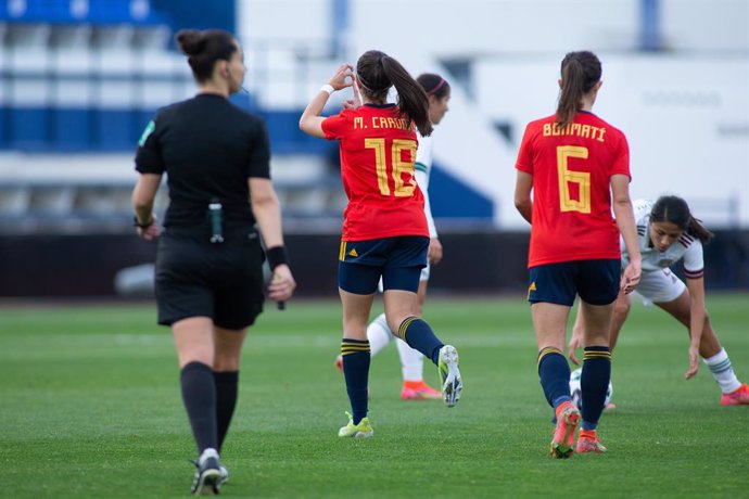 Celebrate score of Marta Cardona of Spain during Friendly women match between Spain Team and Mexico Team at Municipal Marbella Stadium on April 13, 2021 in Malaga, Spain.