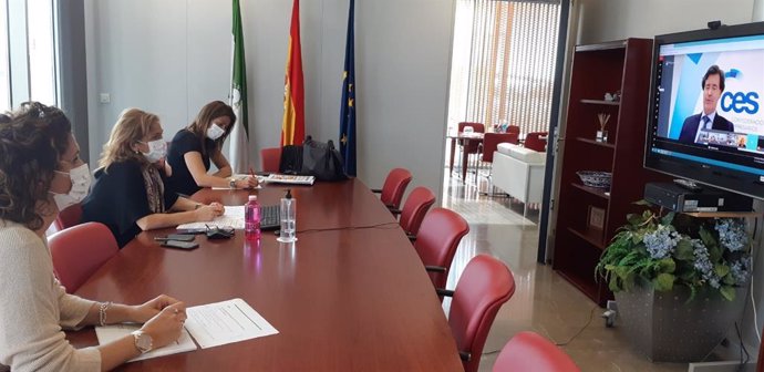 Reunión telemática entre las delegadas territoriales de Empleo y Turismo de la Junta en Sevilla y el presidente de la CES, Miguel Rus