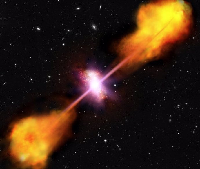 Impresión artística de una galaxia con un núcleo activo, un agujero negro supermasivo en el centro.
