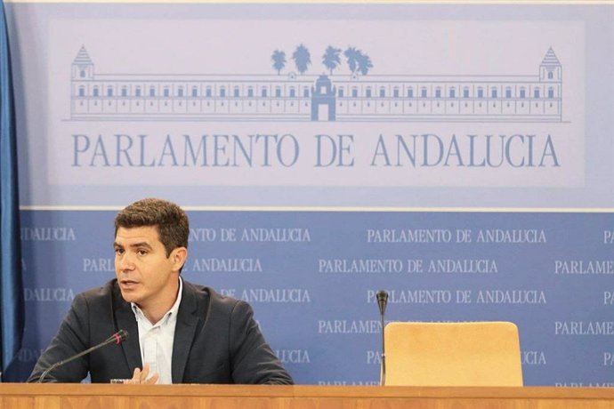El portavoz de Cs en el Parlamento de Andalucía, Sergio Romero, este miércoles en rueda de prensa.