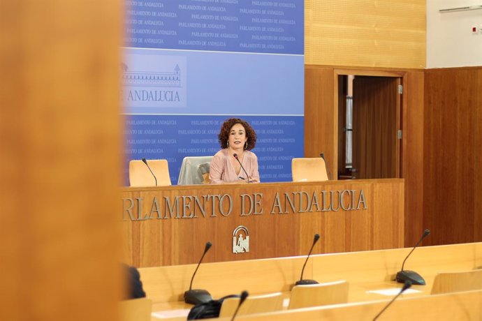 La portavoz adjunta de Adelante Andalucía en el Parlamento, Ana Naranjo, en rueda de prensa.